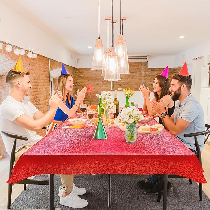 Sparkling Holographic Laser Tablecloth - Shimmering, Waterproof, Easy to Clean - Ideal for Halloween, Bachelorette, Birthday, Wedding, and Anniversary Party Decorations (Red & Black, 2)
