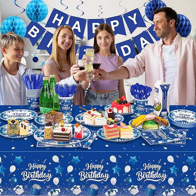 185pcs Happy Birthday Decorations Blue and Silver Plates Napkins Disposable Tableware Set Paper Cups Banner Tablecloth for Men Women Birthday Party Supplies Serves 24 Guests