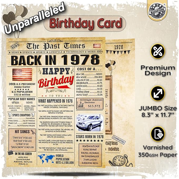 48th Birthday Card for Women Men - Back In 1978 Newspaper - 48 th Happy BIRTHDAY card - 48 birthday gift for Her Him - JUMBO size - 48th birthday decorations Dad Mom - Best gifts for 48 year old