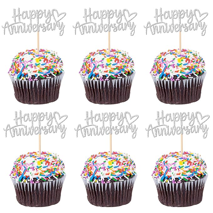 24 PCS Happy Anniversary Cupcake Toppers Glitter Wedding Anniversary Cupcake Picks Happy Anniversary Cupcake Decorations Baby Shower Birthday Wedding Anniversary Party Cake Decorations Supplies Silver