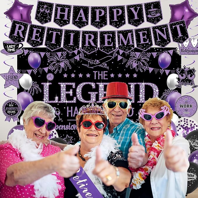 Roetyce Retirement Party Decorations Women, Black and Purple Happy Retirement Banner Backdrop Balloons Hanging Swirls for Coworker, Lengend Has Retired Sash & Crown, Office Retired Background