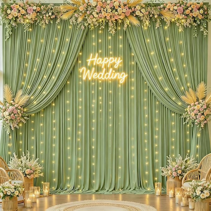 20x10FT Sage Green Backdrop Curtains with Lights for Parties,Wrinkle Free Wedding Photo Backdrop Curtains for Baby Shower Birthday Ceremony Reception Home Party Decorations-5ft x 10ft,4 Panels