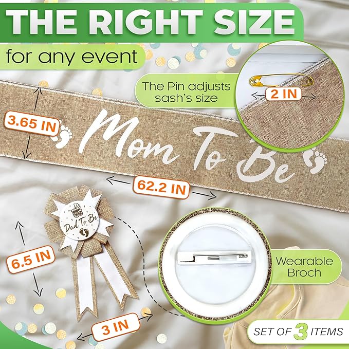 Mom to Be Sash Baby Shower - Stylish Baby Shower Sash & Dad to Be Pin, Elegant Boho Style, Tear & Stain Resistant Burlap & Adjustable Pin - Universal Accessories for Boy & Girl Gender Reveal Parties