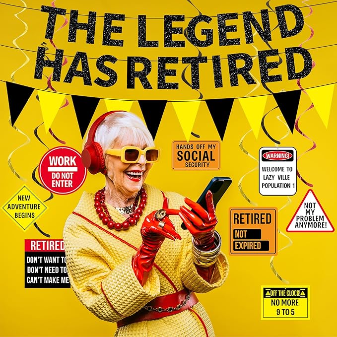 Roetyce Retirement Decorations Men Women, Caution Happy Retirement Banner Hanging Swirls Centerpieces Kit, Funny Legend Retired Party Supplies Backdrop for Coworker Family