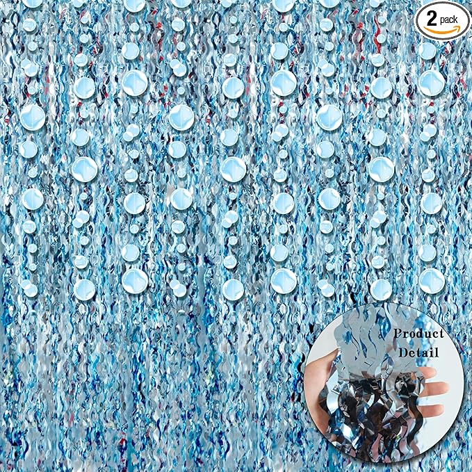 Blue Wave Shaped Streamers Ocean Themed Tinsel Foil Fringe Curtain with Bubble Garlands for Beach Under The Sea Party Decorations (6.6 feet Curtain 6 Bubble Garlands)