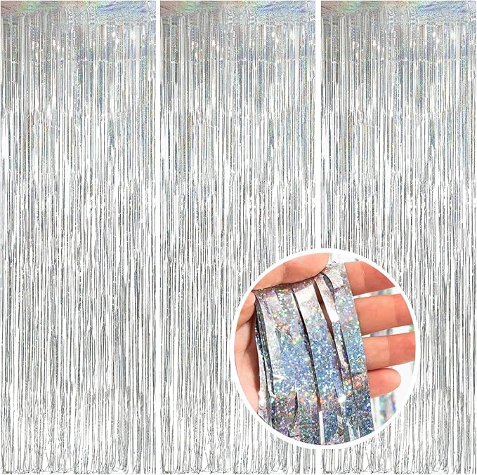 3 Pack Foil Curtain Backdrop 3.3x6.6 ft Tinsel Fringe Curtains for Parties Metallic Streamers Photo Booth Props,Wedding & Birthday,Holiday Decorations Disco,Bachelorette,Door Hanging Decor (Silver)