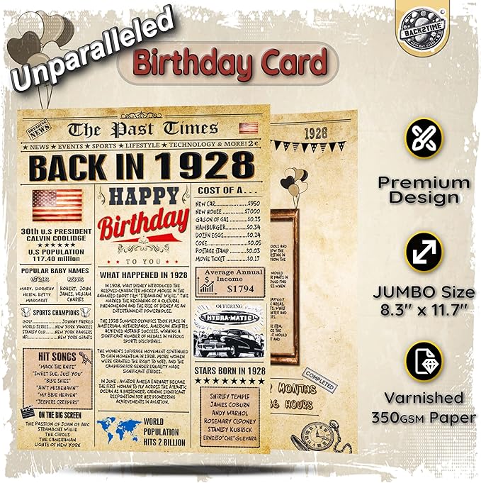 98th Birthday Card for Women Men- Back In 1928 Card - 98th HAPPY BIRTHDAY cards for Him Her - Vintage 98th birthday gifts JUMBO size 98th birthday decorations for husband wife - gift for 98 year old