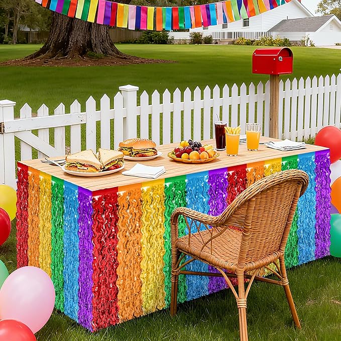 Rainbow Table Skirt, 2 Pack Desk Skirts Party Decorations, Colorful Metallic Wavy Tinsel Foil Fringe Table Skirts, Rainbow Foil Table Skirt for Birthday Classroom Teacher Pride Month Decor