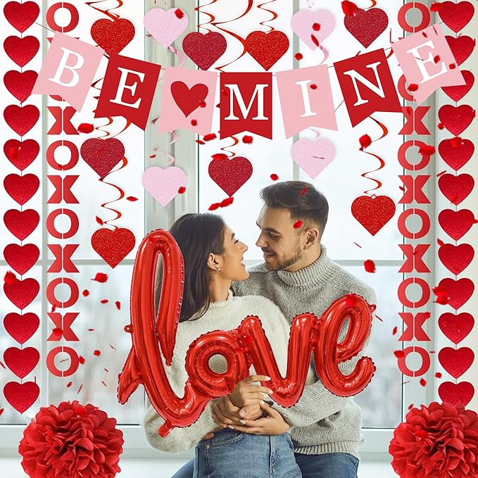 Red Valentine's Day Decoration Set, BE MINE Banner, Love Heart XO Garlands, Rose Petals, Hanging Swirls, Foil Love Balloons For Party Home Classroom Wedding Bedroom Office
