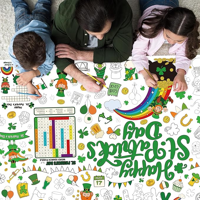 QZYL 54" x 108" Coloring St Patricks Day Crafts, Giant Coloring Table Cloth for Kids, Painting Poster Art Activities Banner Disposable St Patrick's Day Crafts for Home Classroom St Paddys Decorations