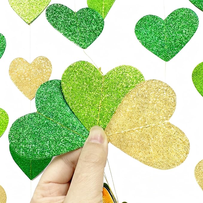 Gold and Green Heart Party Decorations Glitter Paper Love Heart Hanging Banner Streamer Garland for Birthday Wedding Valentines Day Spring Master Golf St Patrick's Day Christmas Holiday Party Supplies