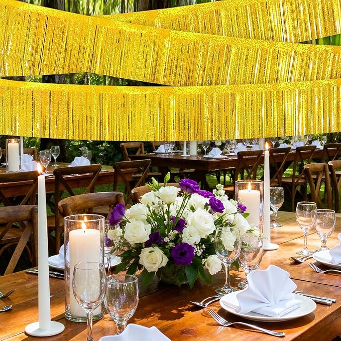 4 Packs Foil Fringe Garland Tinsel Streamers Shiny Wall Hanging Birthday Banner Backdrop for Graduation Wedding Anniversary Celebration Happy Birthday Party Decorations Glitter Gold