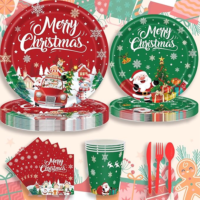 Christmas Party Supplies Set, Chris Theme 280 Pieces with Plates, Napkins, Cups and Tableware for 40 Guest Red and Green Design for Party