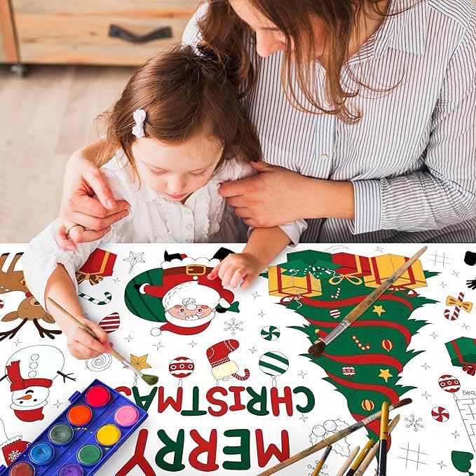 Childom 1 Pack Christmas Coloring Tablecloth for Kids,Christmas Crafts for Kids,30 x 72 Inch Disposable Paper Table Cover,Giant Coloring Poster for Children Gifts Games Activities Holiday Party Favors