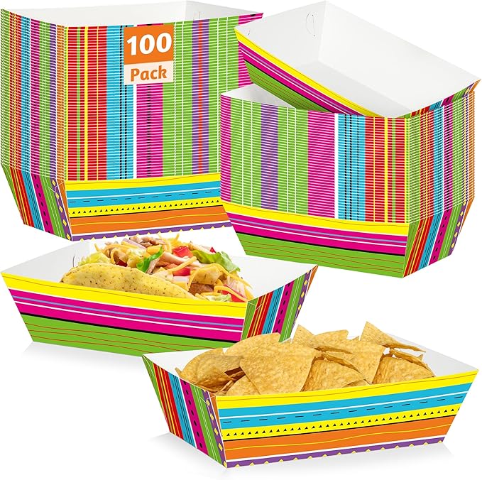 100 Pcs Cinco De Mayo Nacho Trays, Fiesta Paper Serving Trays Colorful Mexican Stripe Design, Disposable Mexican Theme Party Decor, Kitchen Dinnerware for Fiesta Birthday Carnival Party Supplies