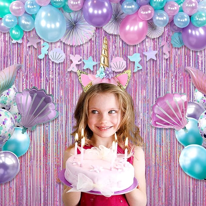 Easter Decorations for Home Melsan 3 Pack 3.2 x 8.2 ft Pinkish Purple Tinsel Fringe Curtain Backdrop, Sparkling Metallic Party Decorations for Girls Birthday, Bachelorette, Wedding, Photo Booth