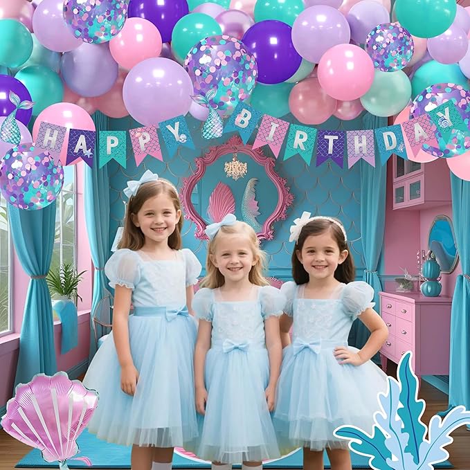 Mermaid Birthday Decorations for Women,Happy Birthday Banner, 35 Balloons,Photo Booth Props for Kids Girls