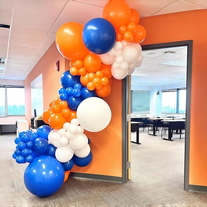 Blue and Orange Balloons Arch Kit, 121PCS Dark Blue and Orange White Balloons with Spikes Explosion Star Foil Balloon for Birthday Graduation Baby Shower Sport Basketball Party Decorations Supplies