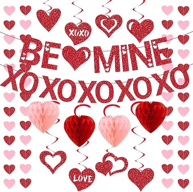 Pre-Strung Valentines Day Decorations, Red BE Mine XO Valentine's Banner,Heart Garlands & Hanging Swirls & Heart Honeycomb for Party Supplies, Valentines Decor Home Anniversary Wedding Bedroom