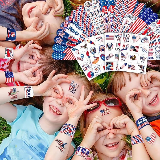 72 PCS Fourth of July Party Favors - 48 Temporary Pre-Cut Tattoos & 24 Slap Bracelets - Party Favors for Boys & Girls, Birthday Goodie Bag Fillers, Baby Shower Gifts, Classroom Rewards