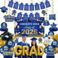 Royal blue Gold Balloons GRAD Print Balloons with Banner Table Honeycomb Centerpieces Hanging Swirl backdrop Stars Graduation Cap GRAD Letters Mylar Balloons for 2026 graduate Prom Decorations