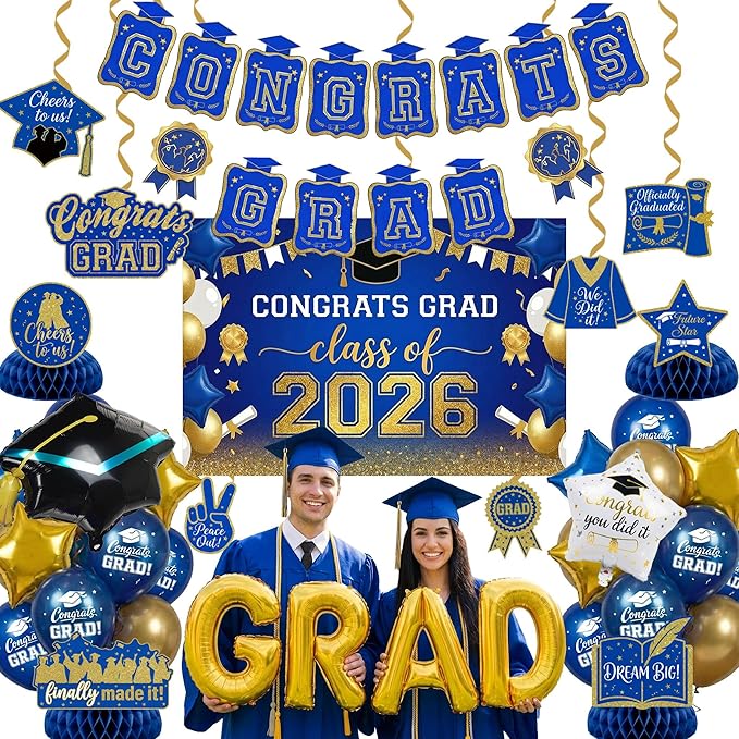 Royal blue Gold Balloons GRAD Print Balloons with Banner Table Honeycomb Centerpieces Hanging Swirl backdrop Stars Graduation Cap GRAD Letters Mylar Balloons for 2026 graduate Prom Decorations