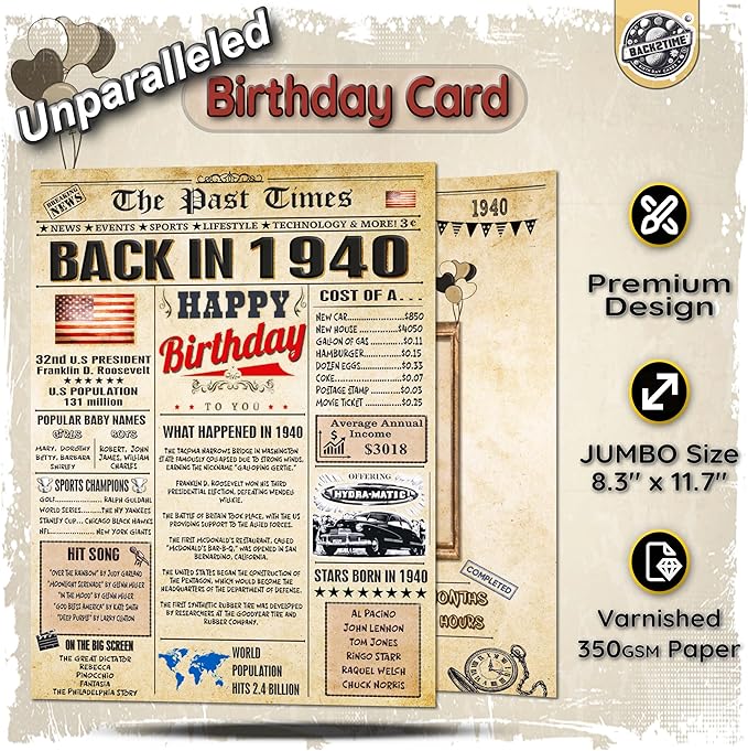 86th Birthday Card for Women Men- Back In 1940 Card - 86th HAPPY BIRTHDAY cards for Him Her - Vintage 86th birthday gifts JUMBO size 86th birthday decorations for husband wife - gift for 86 year old