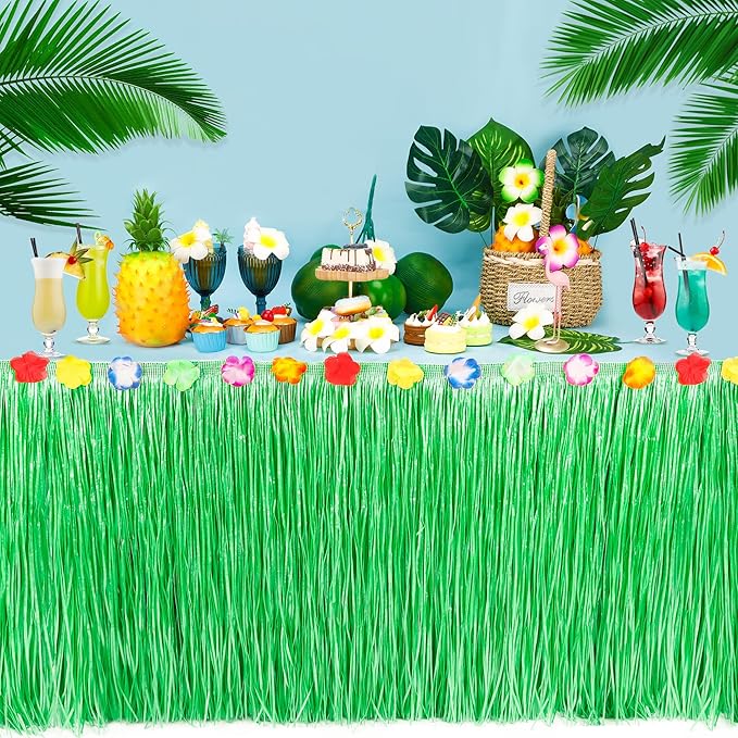 Hawaiian Party Table Decorations, 1PCS Green Luau Party Table Skirt Decorations, 108 X 29.5" Grass Skirts Luau Party Favors, Luau Table Skirt for Summer Tropical Hula Parties Decor Accessories