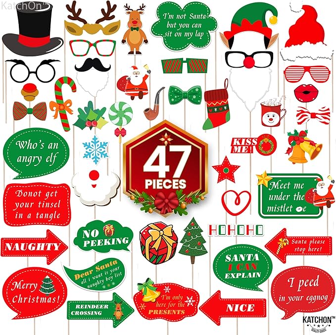 KatchOn, Christmas Photo Booth Props - Pack of 47, Little DIY | Christmas Decorations Indoor, Outdoor | Party Photo Props, Selfie Prop | Merry Xmas Party Prop with Pose Signs for Decorations