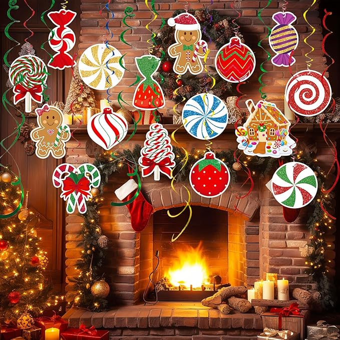 Candy Gingerbread Christmas Decorations - 20pcs Glitter Gingerbread House Candy Christmas Balls Hanging Swirls for Candyland Xmas Party Decor Supplies