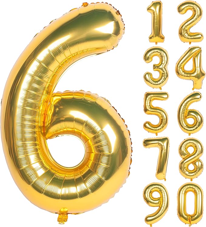 40 Inch Large Gold Number Balloons 6 Aluminum Foil Mylar Big Number Balloons 0-9 Suitable for Gold Birthday Parties, Weddings and Anniversary Photography