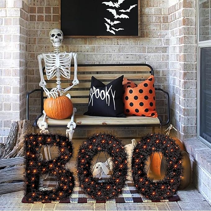 ATDAWN 3 Piece Outdoor Boo Sign Halloween Decoration, Lighted Boo Yard Display Set, Boo Yard Sign for Halloween Indoor Lawn Decor, Black & Orange