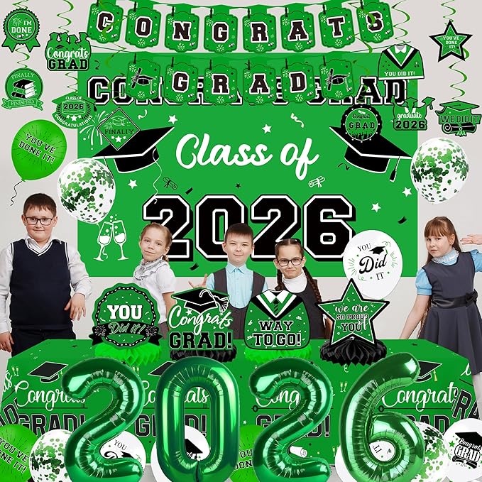 Graduation Decorations 2026, Class of 2026 Backdrop, Banner, 2026 Foil Balloons, Tablecloth, Hanging Swirls, Honeycomb Centerpieces, Party Supplies Decorations Set for College (GREEN)