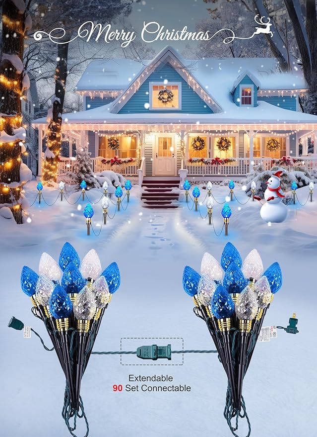 Brightown 2 Pack Strawberry C9 Christmas Pathway Lights Outdoor - Total 34.8 Feet 20 LED C9 Walkway Lights, Christmas Light Outdoor, Christma Outside Decorations for Lawn Holiday, Blue & Pure White