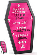 Coffin Letter Board Pink With Spooky Emojis +500 Characters, and Wooden Stand - 17x10.5 Inches - Gothic Halloween Decor Spooky Gifts Decorations