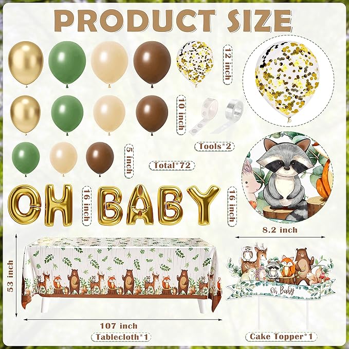 BORAMDO Woodland Animals Baby Shower Decoration Pack Forest Animal Neutral Gender Reveal Party Supplies Woodland Themed Birthday Party Ideas Set 106 Pcs Backdrop, Tablecloth, Cake Toppers, Balloons