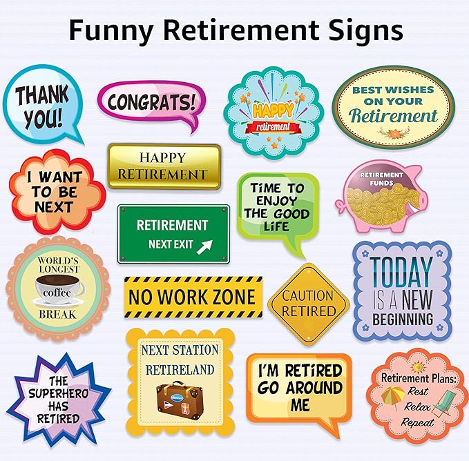 Scapa Pro Retirement Photo Booth Props 36 pc Party Supplies for Pictures and Decorations Includes Colorful Photo Props and Phrase Signs Unisex Retirement Decor