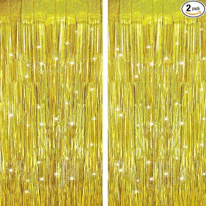 Gold Backdrops Curtains Christmas Party Decorations, Tinsel Streamers for 30th Birthday Decorations, Photo Booth Props for Wedding, 2Pack 3.28X6.56Ft