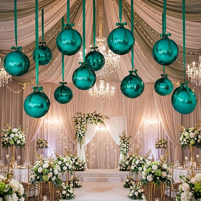 20 Pcs VBS 2026 Metallic Green Foil Balloons Giant 22 Inch 4d Round Metallic Green Balloons with Emerald Ribbon for Birthday Baby Shower Anniversary Tea Party Decorations