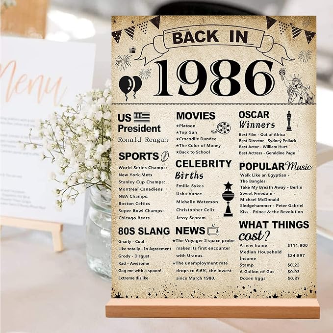 DARUNAXY 40th Birthday Party Decorations, Vintage Back in 1986 Poster Acrylic Sign with Stand 40 Year Old Party Supplies for Men& Women Vintage 1986 Table Decor 40th Anniversary Class Reunion Gifts