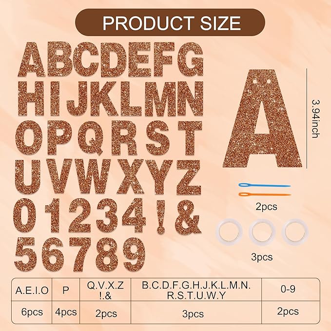 BEISHIDA 116 PCS A-Z DIY Letter Banner Kit Make Your Own Banner Glitter Brown Including 111 Letters and Numbers 3 Rope and 2 Threading Device,Customized for Birthday Graduation Wedding Party Decor