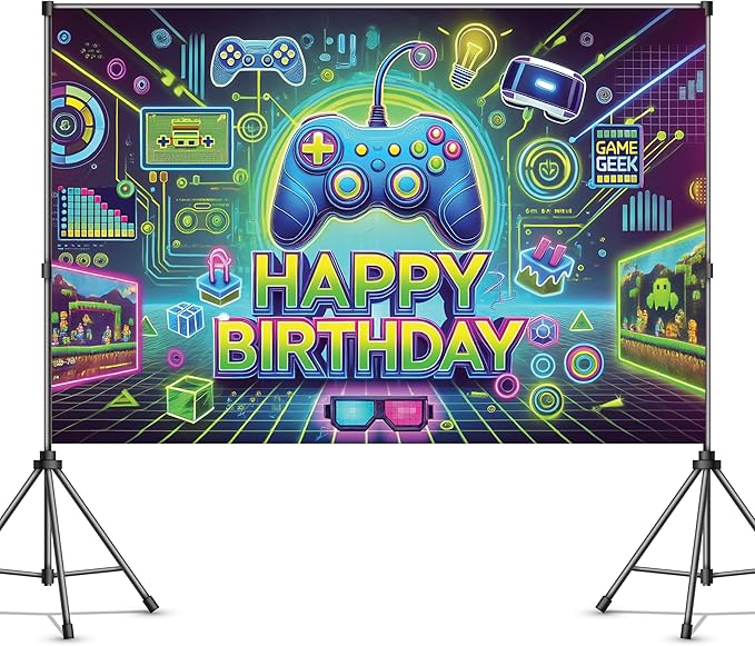 IndoTribe Video Game Happy Birthday Banner Boy 6x4ft Level Up Gamer Party Decorations for Boys Video Game Birthday Decorations for Boys Game On Birthday Decorations Gaming Birthday Party Decorations
