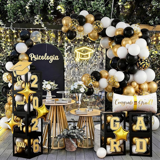 Black and Gold Graduation Decorations Balloons Boxes Arch with Letters 2026 GRAD So Proud of You Gold and Black Congratulations Grad Party Decoration 2026 Gold Confetti Balloon Star Foil Balloons