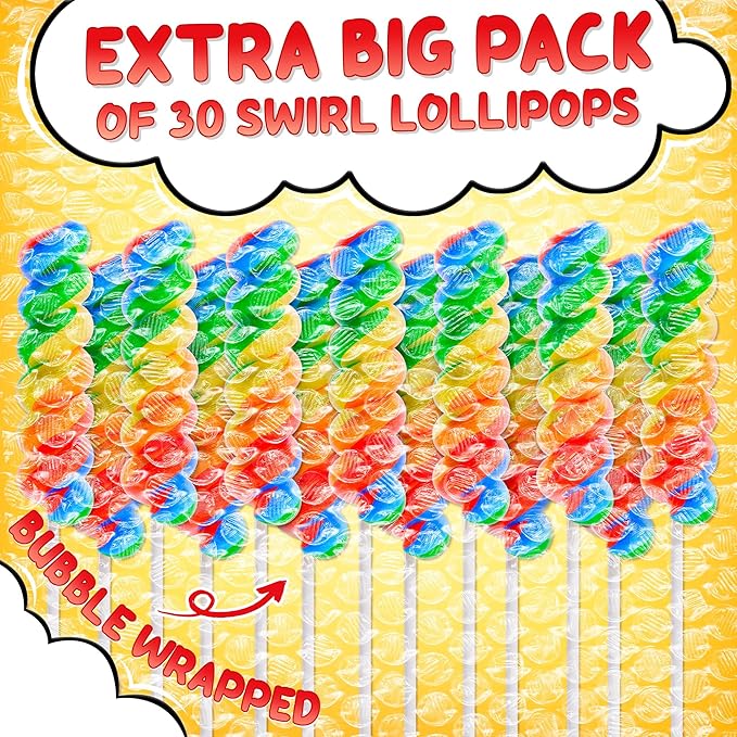 30pk Rainbow Twisty Lollipops Individually Wrapped Multi Fruit- Rainbow Swirl Suckers - Carnival & Circus Swirl Lollipops Individually Wrapped For Party Favors