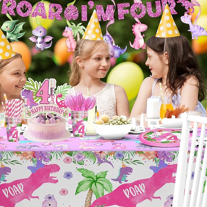 Pink Girl Dinosaur 4th Birthday Decorations for Dino-Four dinosaurs girl Birthday Party Tableware Set include Glitter Roar I'm Four Banner Plates Napkins Cups Tablecloth for 4th Girls Party Supplies