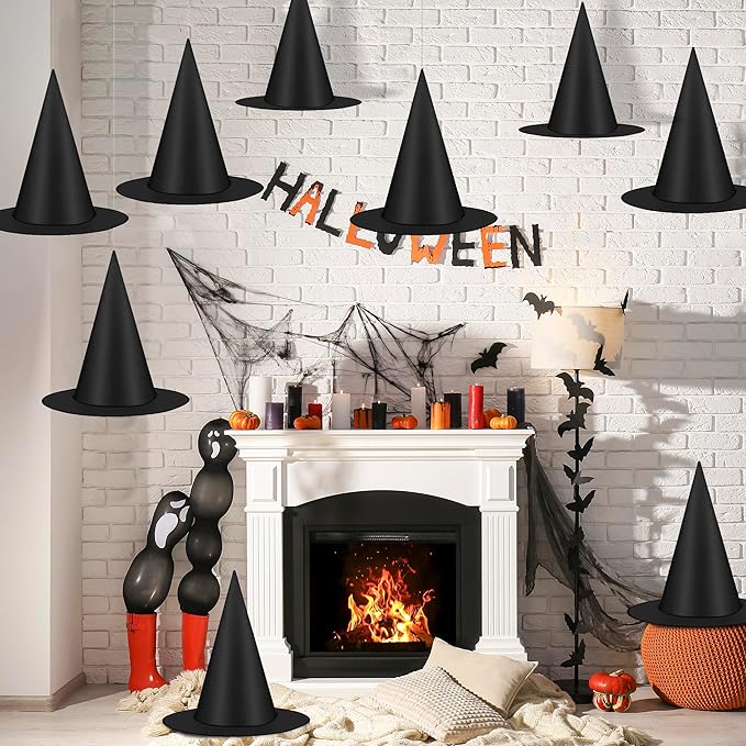24 PCS Halloween Witch Hat, Black Witches Hat Costume Accessories Hanging Witch Hats Halloween Decor with 656 FT Nylon Cord Wizard Hats Indoor Outdoor Home Yard Porch Party Decorations