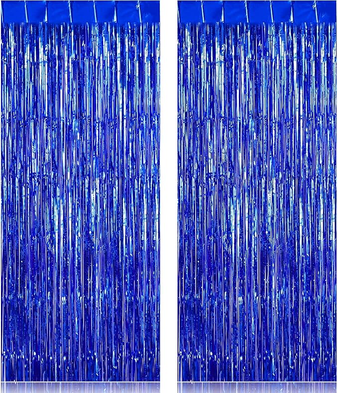 2 Pack Fringe Curtains Backdrops, Foil Fringe Curtains, Door Streamers for Birthday Wedding Bridal Shower Holiday Graduation Party Decorations, Photo Booth Backdrops, Blue
