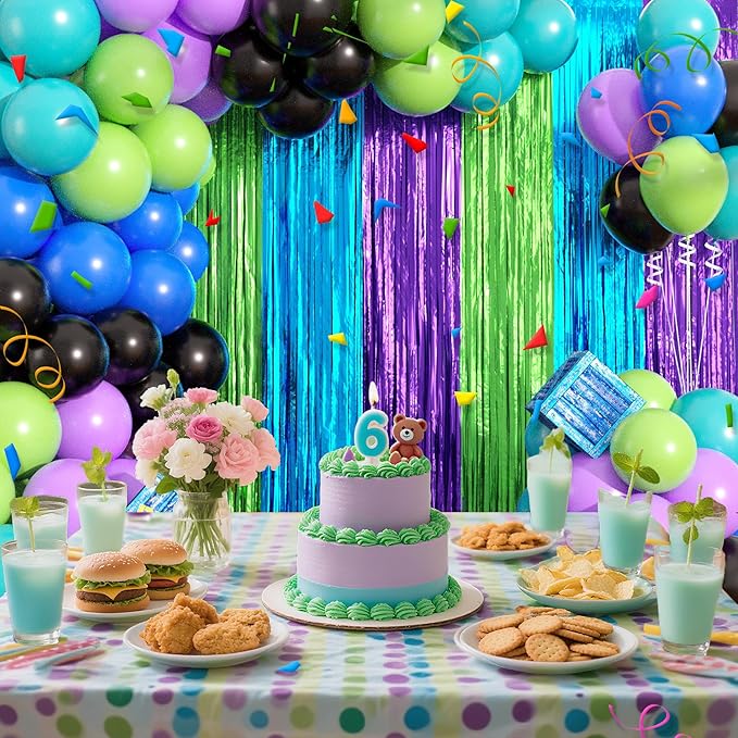 Video Game Balloon Arch Garland Kit Birthday Party Decorations, Purple Blue Green Foil Fringe Curtains Backdrop Tinsel Streamer Photo Booth Props for Gaming Theme Party Decor Supplies Favors