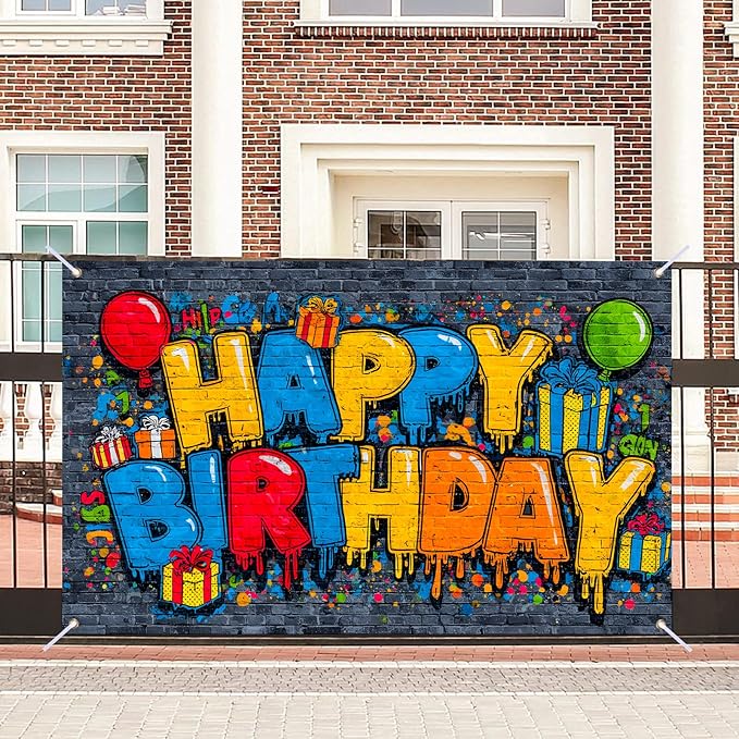 Nuxovilar Happy Birthday Yard Banner - 71x43 inches, Graffiti-Inspired Design Decorations Large Happy Birthday Banner Supplies Colorful Fence Outdoor & Indoor Giant Sign Backdrop