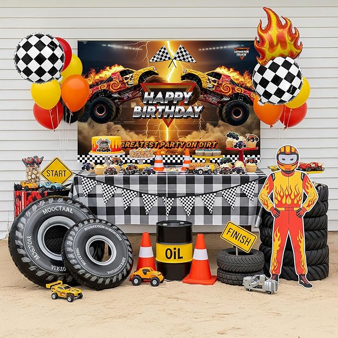 Monster Truck Birthday Decorations include Red Orange Yellow Balloons Ribbon Arch Cake Paper Card Toppers Tablecloth Backdrop Truck Birthday Decor for Boys Racing Party Decoration Supplies
